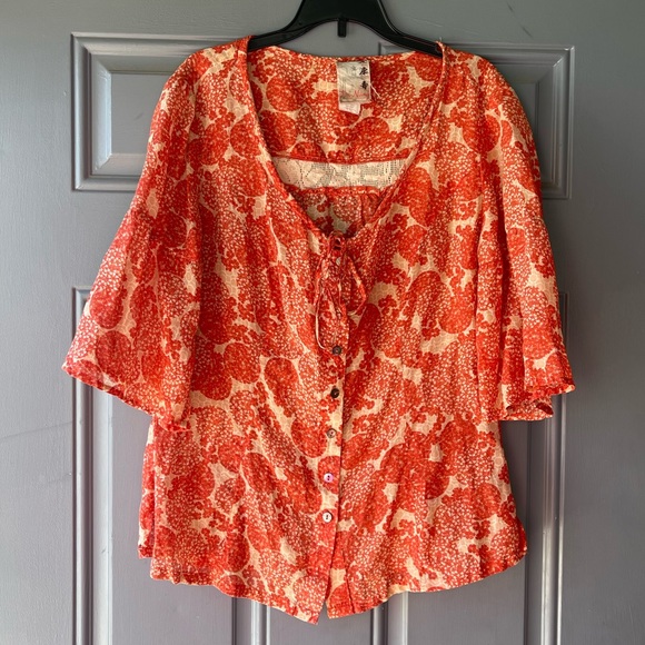 Da-Nang Silk/ Cotton Blouse in coral and white sz. M - Picture 1 of 6